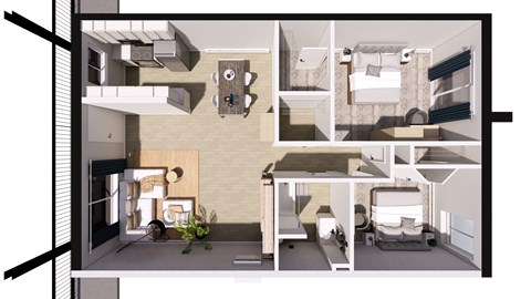 Floor plan for 2 beds, 1 bath, 895 sqft
